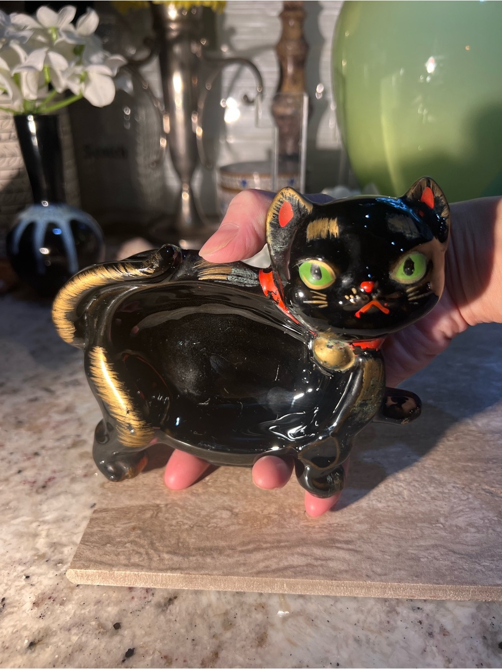 Black “Shafford” Redware Ceramic Cat Catch all with Green Eyes